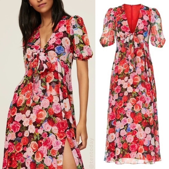 Mac Duggal Size 2 Pink Red Floral Rose Puff Sleeve V-Neck Cocktail Midi Dress - Picture 3 of 4